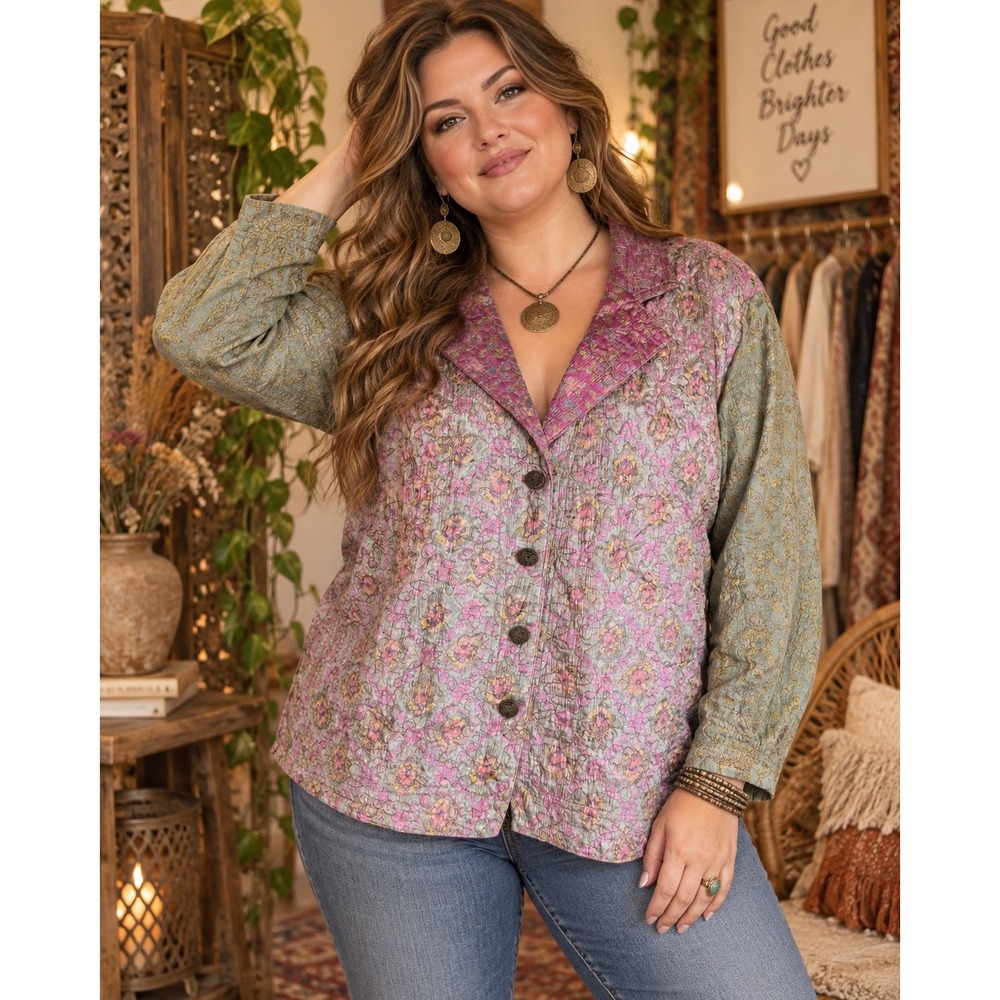556. Chicos 100% Silk Boho  Quilted Floral Jacket Pink Green Size 3  or XL